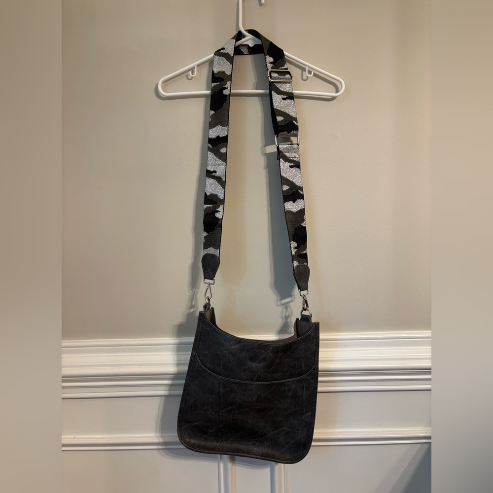 Ah-Dorned Gray Crossbody Vegan Leather Bag with Sparkly Gray Camo Strap